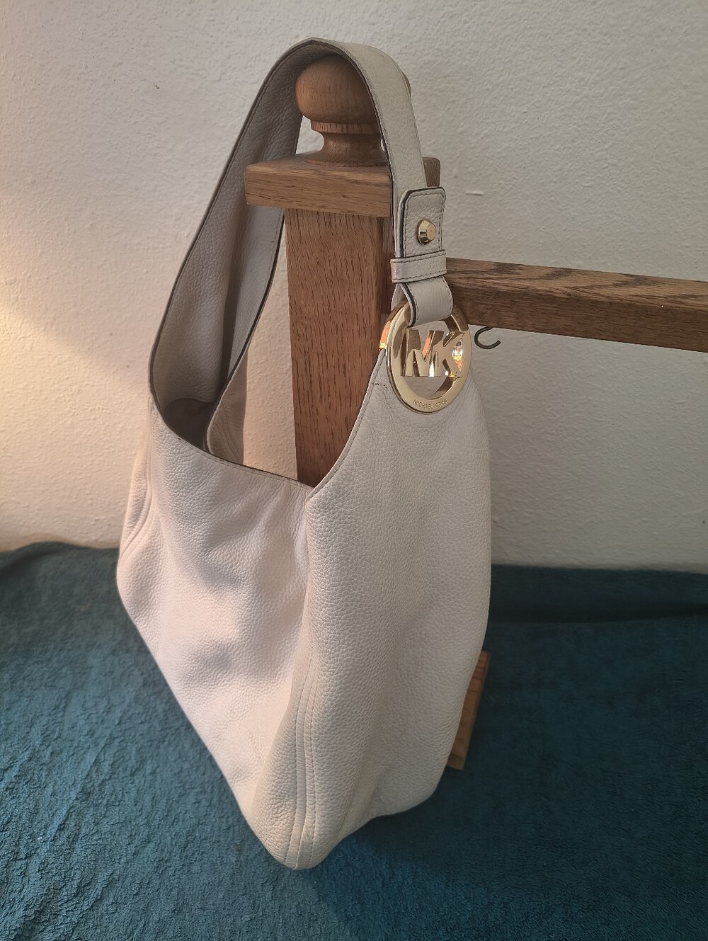 Michael Kors Cream Pebbled Leather Hobo with Gold Logo Charm